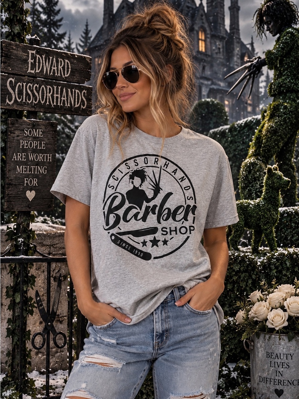 Scissorhands Barber Shop Graphic Tee - Gray